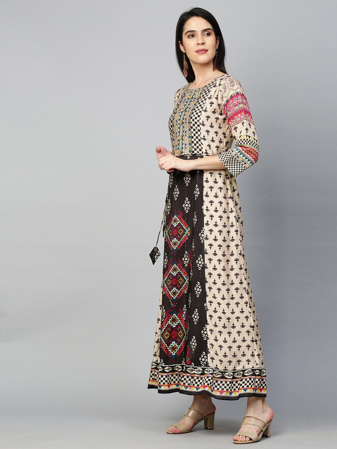 Ethnic Mix Printed Flounce Flared Dress - Beige - Indiakreations