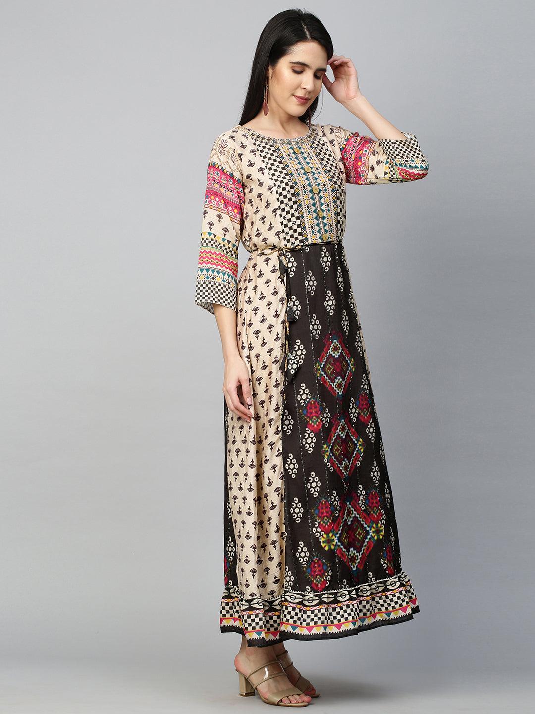 Ethnic Mix Printed Flounce Flared Dress - Beige - Indiakreations