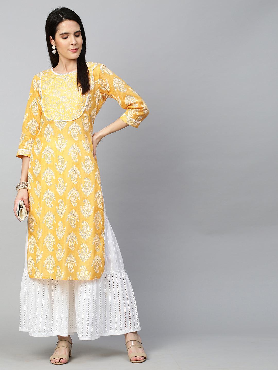 Paisley Khari Printed & Embroidered Kurta - Dark Yellow - Indiakreations