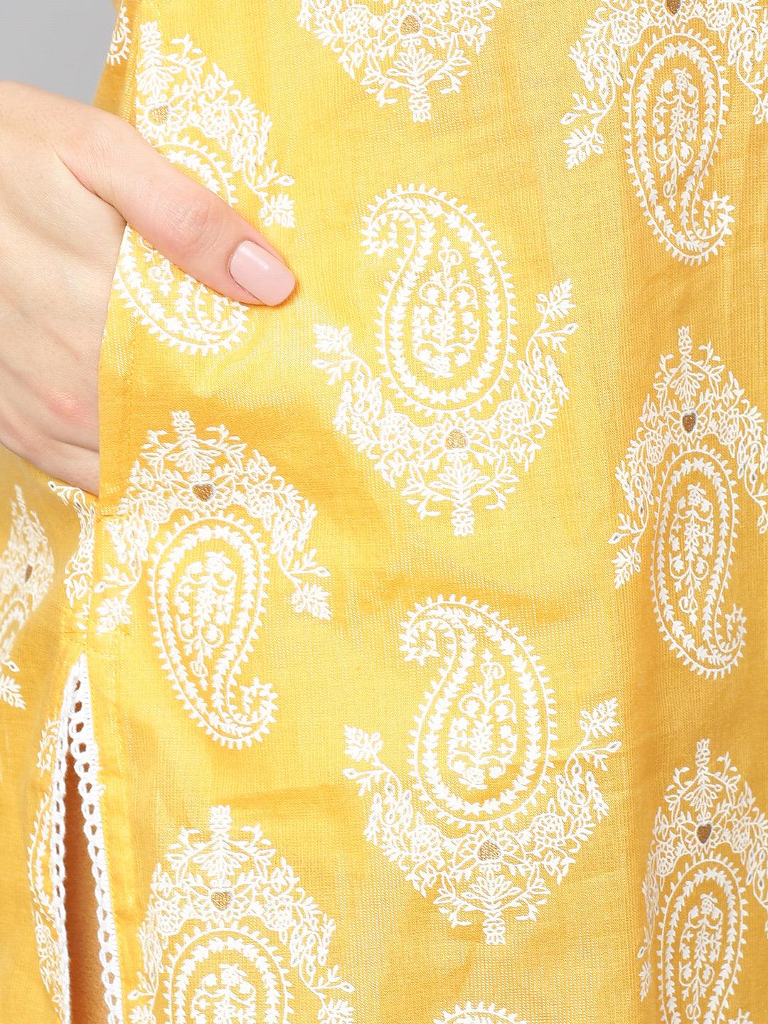 Paisley Khari Printed & Embroidered Kurta - Dark Yellow - Indiakreations