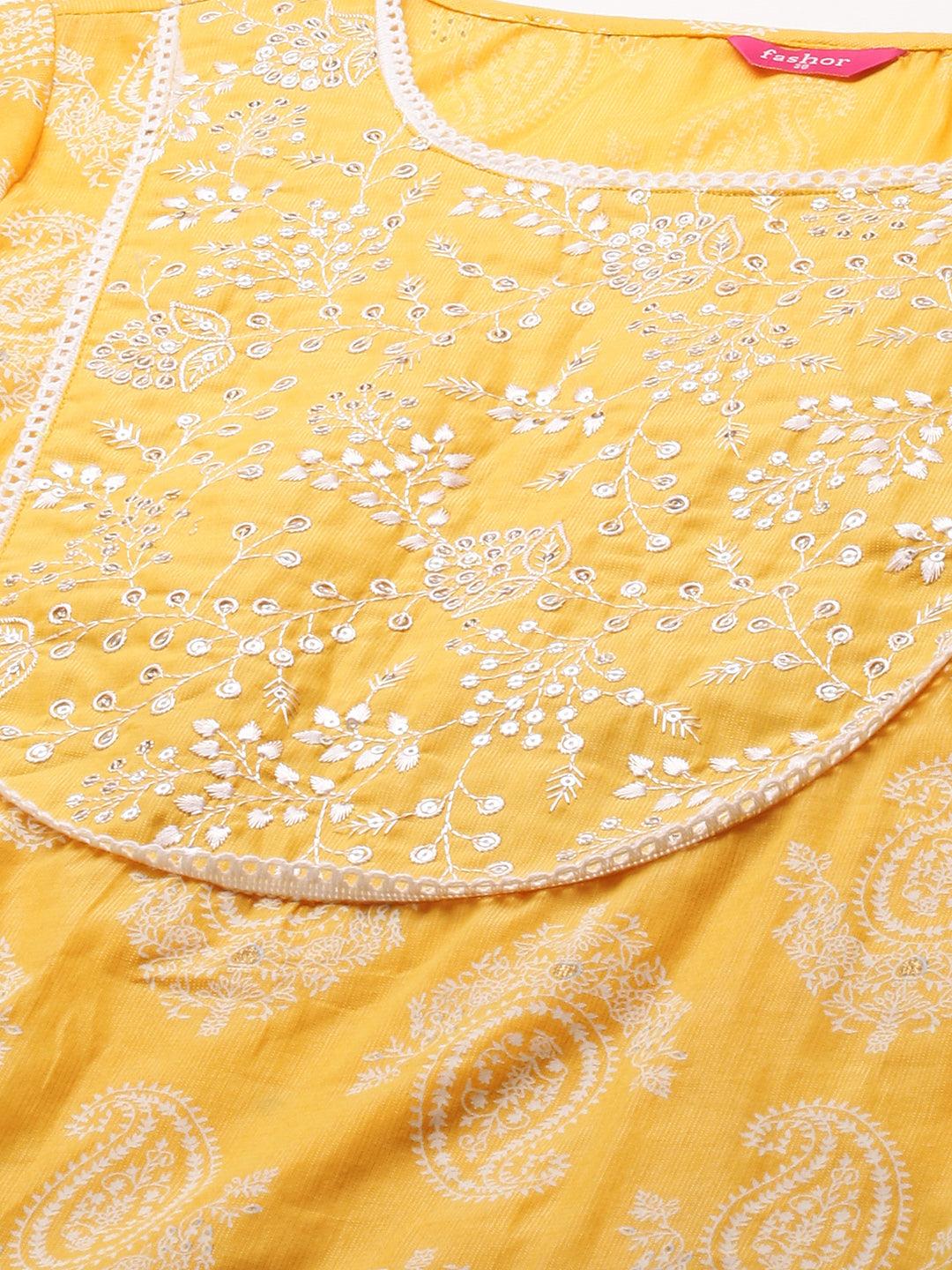 Paisley Khari Printed & Embroidered Kurta - Dark Yellow - Indiakreations