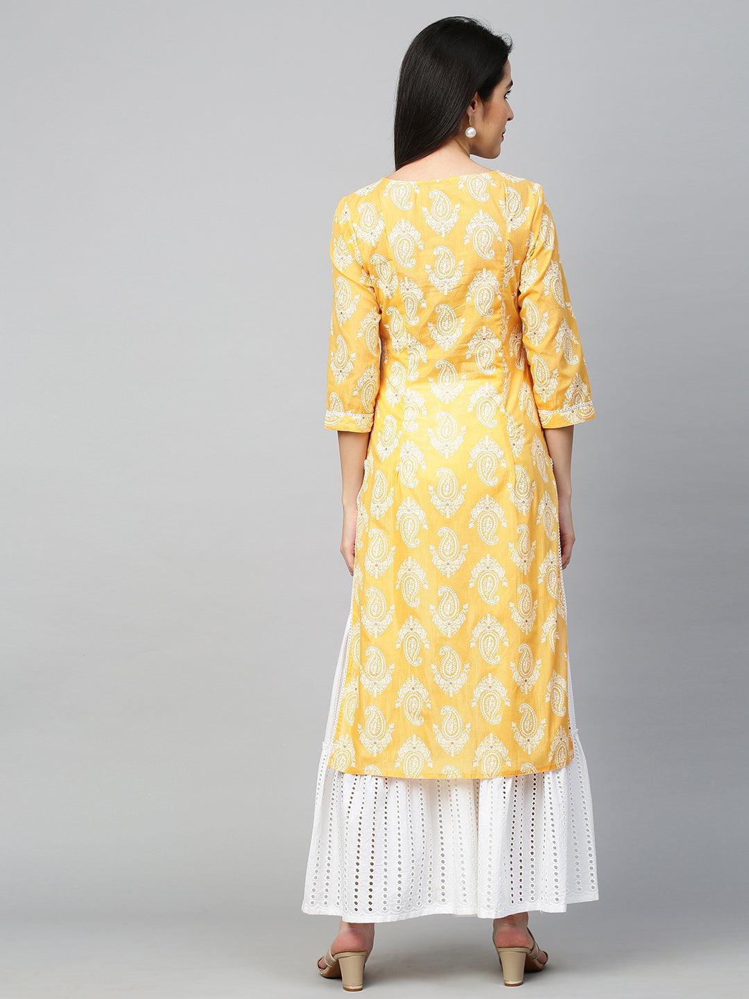 Paisley Khari Printed & Embroidered Kurta - Dark Yellow - Indiakreations