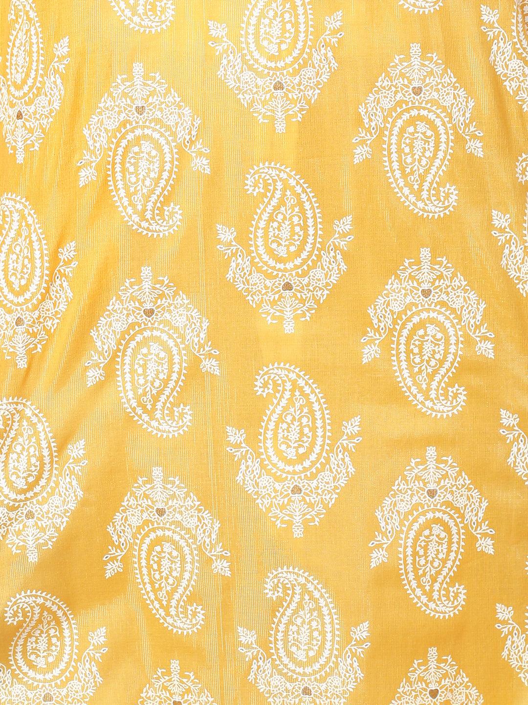 Paisley Khari Printed & Embroidered Kurta - Dark Yellow - Indiakreations