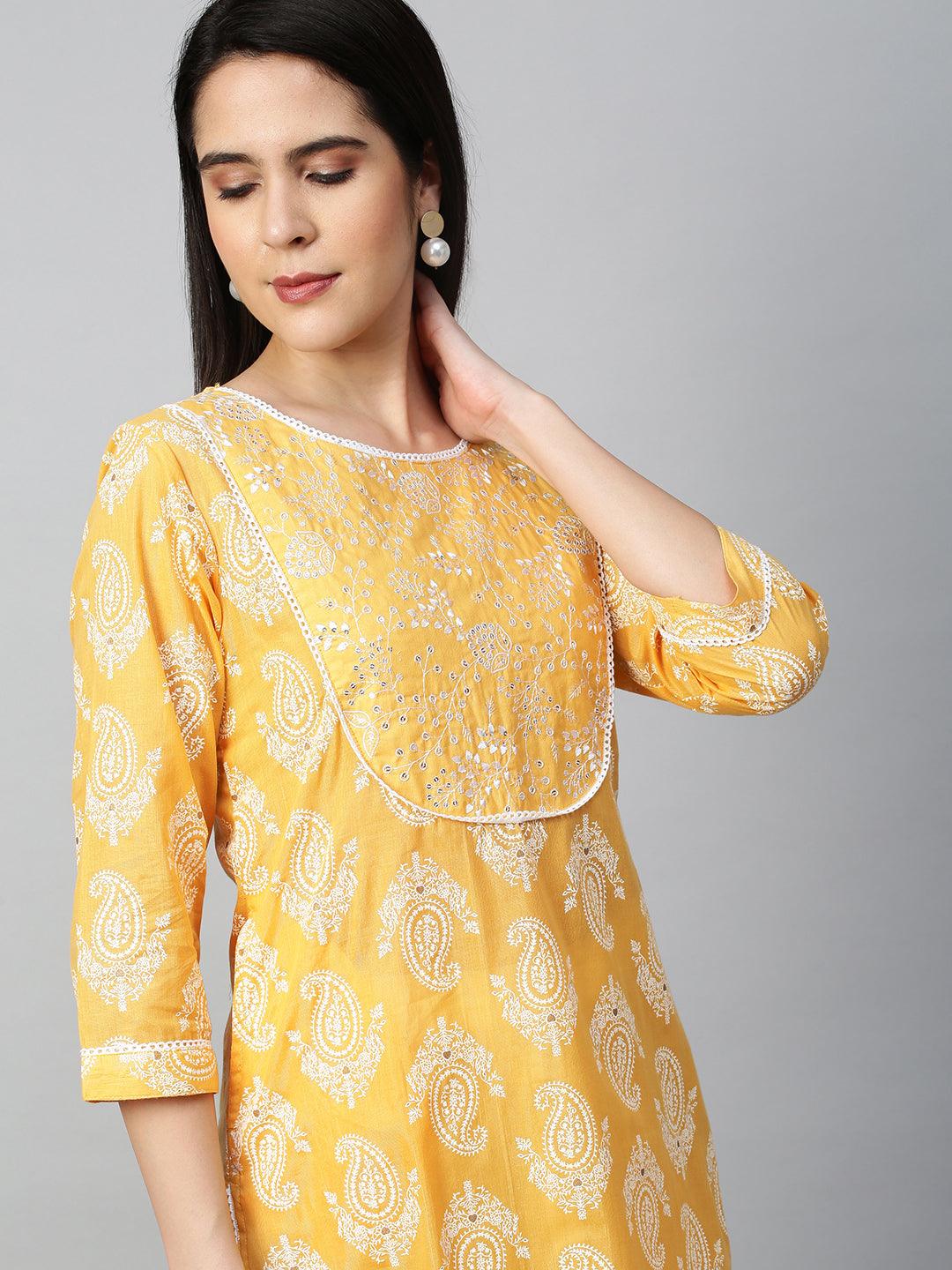 Paisley Khari Printed & Embroidered Kurta - Dark Yellow - Indiakreations