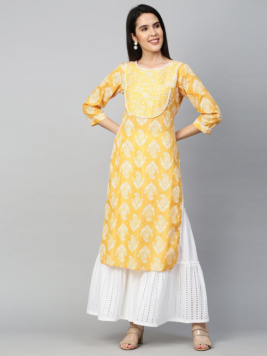 Paisley Khari Printed & Embroidered Kurta - Dark Yellow - Indiakreations