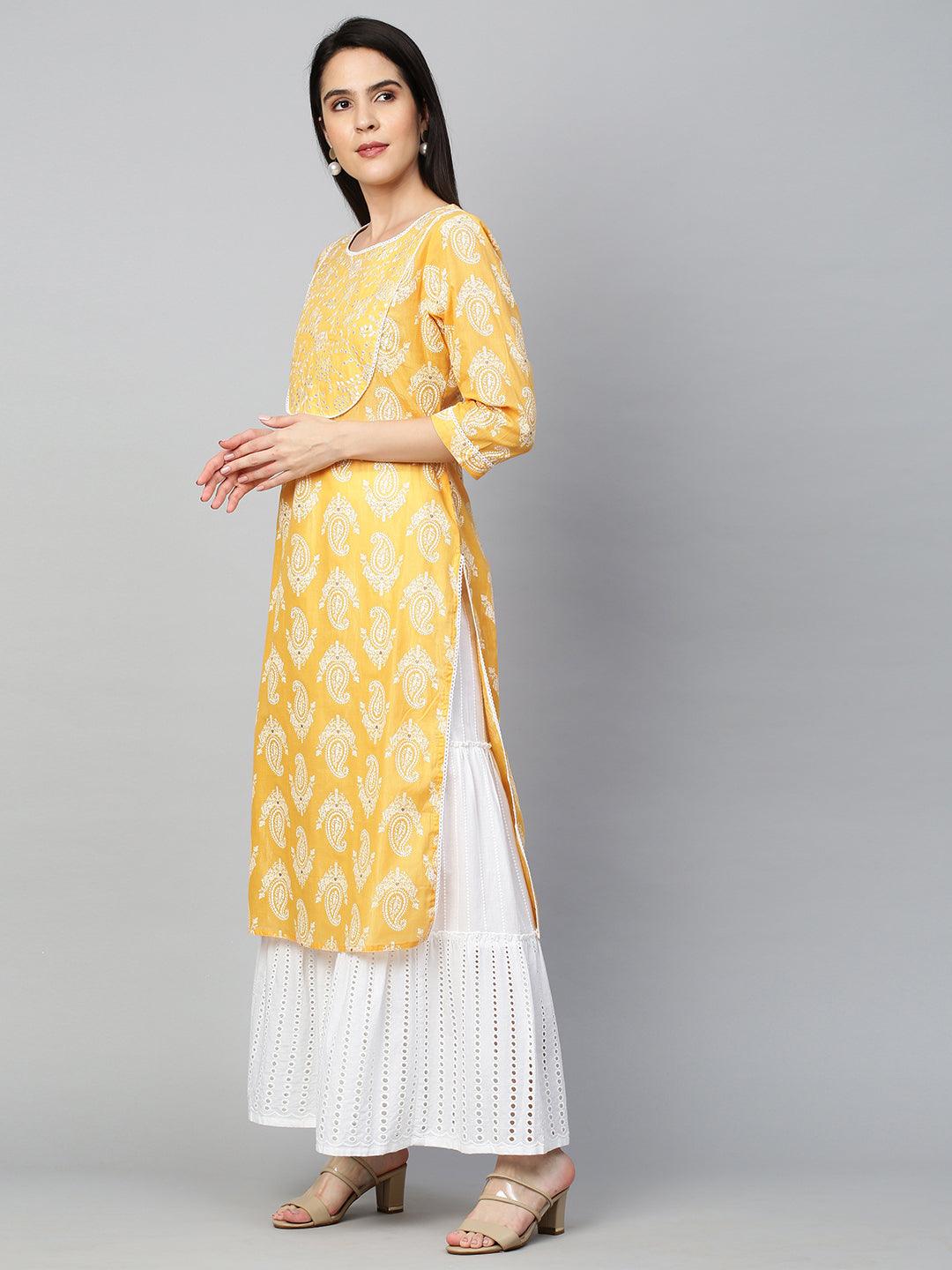 Paisley Khari Printed & Embroidered Kurta - Dark Yellow - Indiakreations