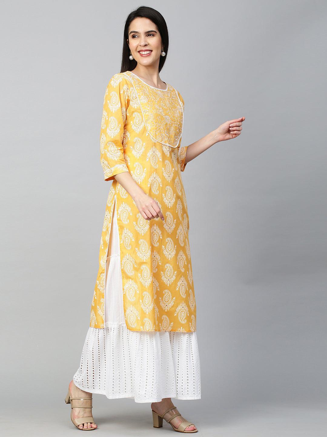 Paisley Khari Printed & Embroidered Kurta - Dark Yellow - Indiakreations