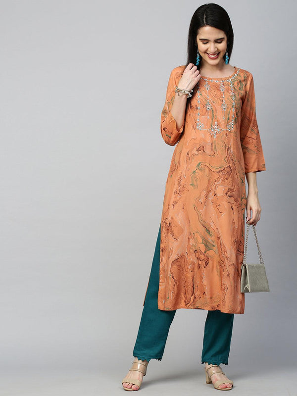 Zari Embroidered & Marble Printed Kurta - Dusty Orange - Indiakreations