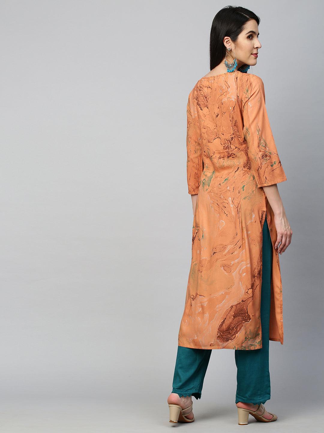 Zari Embroidered & Marble Printed Kurta - Dusty Orange - Indiakreations