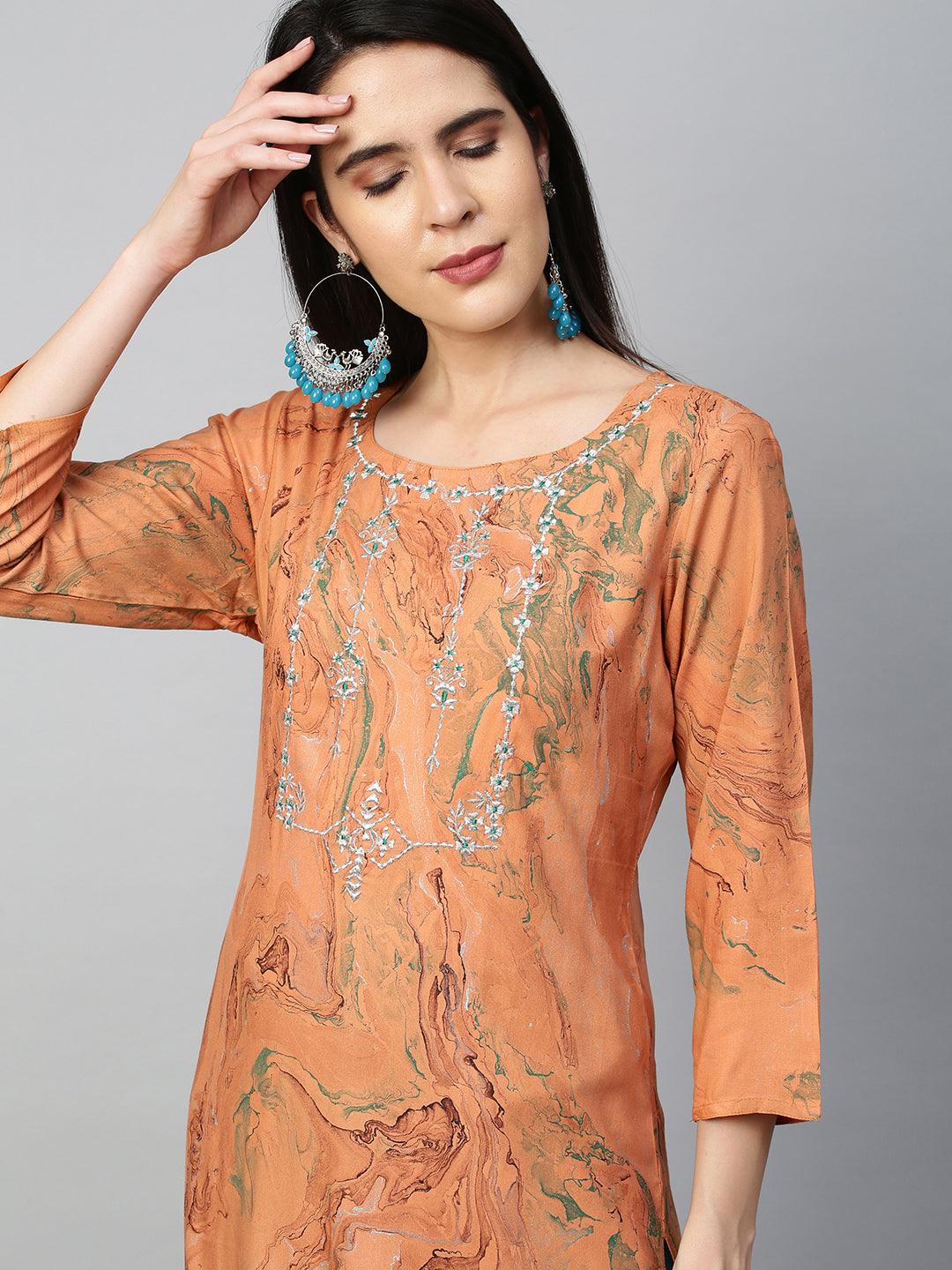 Zari Embroidered & Marble Printed Kurta - Dusty Orange - Indiakreations