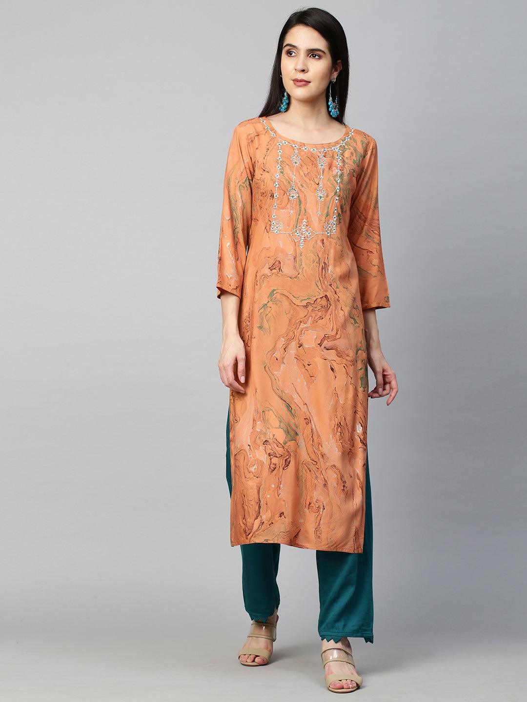 Zari Embroidered & Marble Printed Kurta - Dusty Orange - Indiakreations