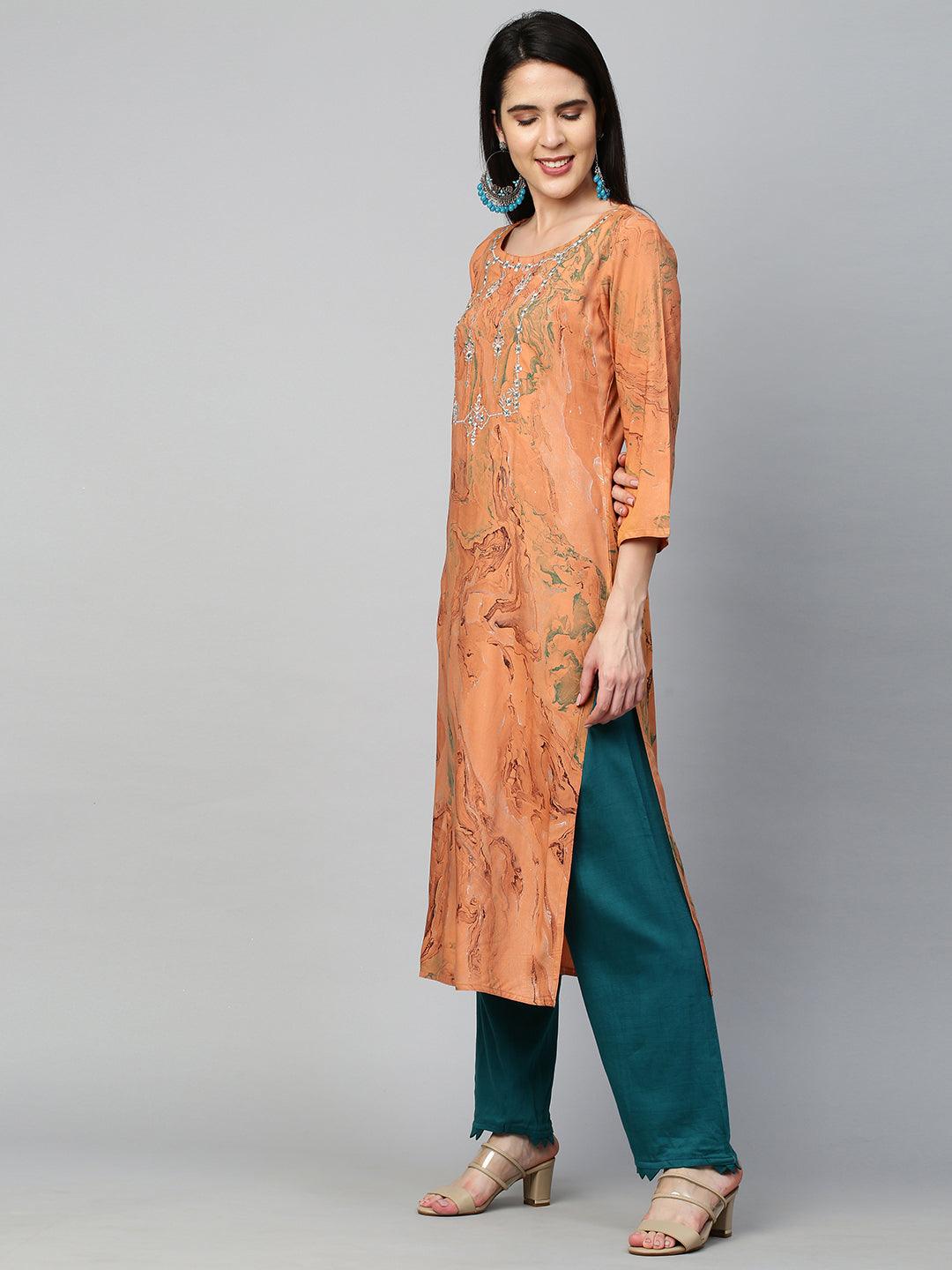 Zari Embroidered & Marble Printed Kurta - Dusty Orange - Indiakreations