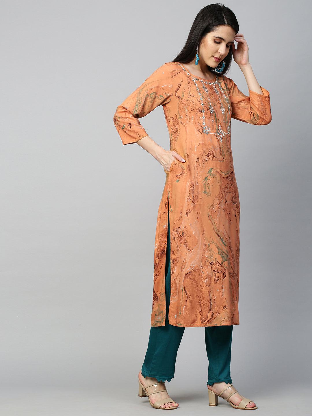 Zari Embroidered & Marble Printed Kurta - Dusty Orange - Indiakreations