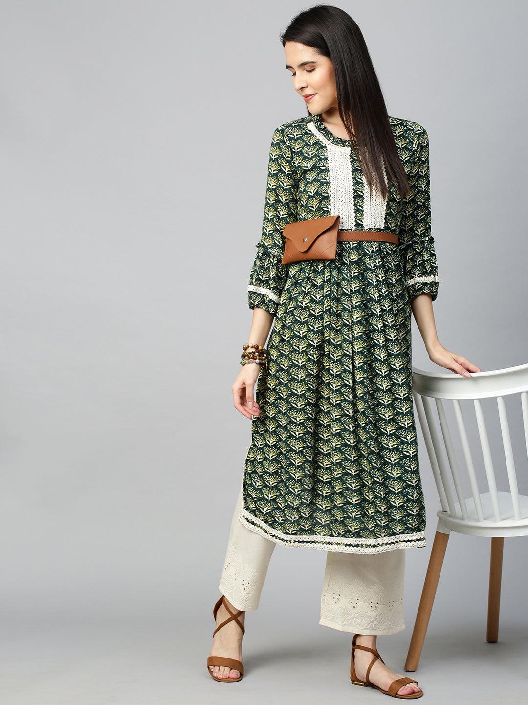 Ethnic Floral Printed Crochet Kurta - Dark Green - Indiakreations