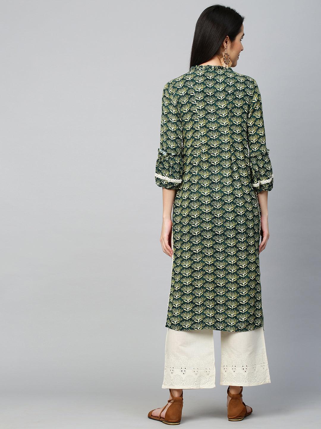 Ethnic Floral Printed Crochet Kurta - Dark Green - Indiakreations