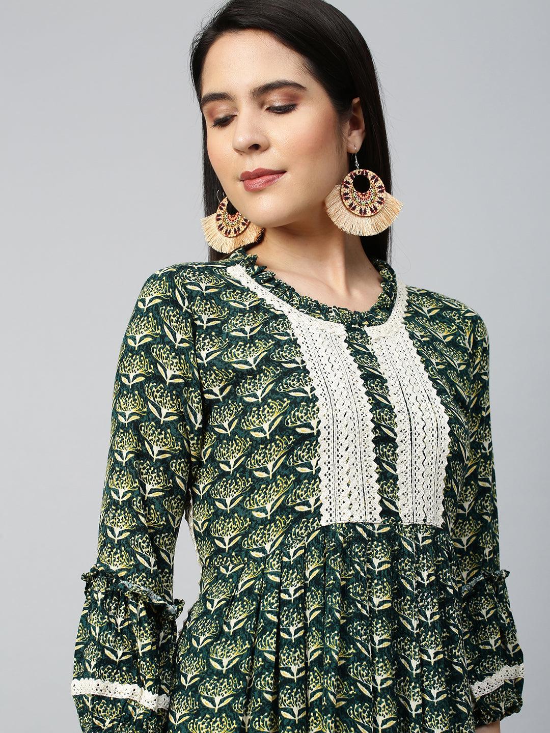 Ethnic Floral Printed Crochet Kurta - Dark Green - Indiakreations