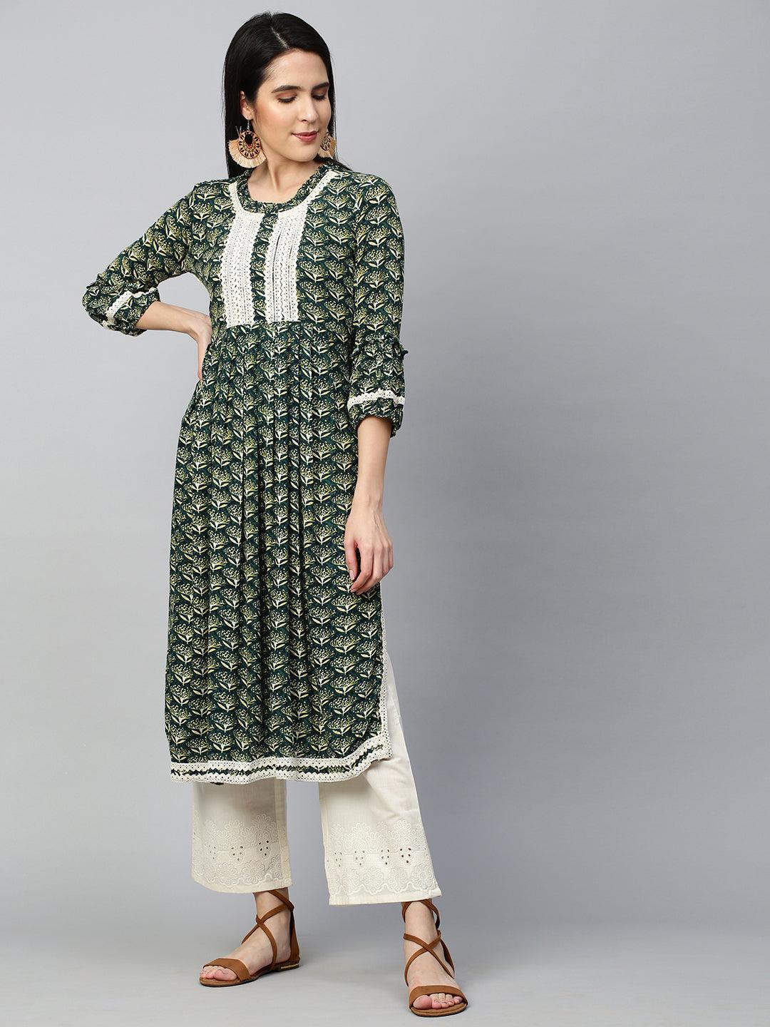 Ethnic Floral Printed Crochet Kurta - Dark Green - Indiakreations