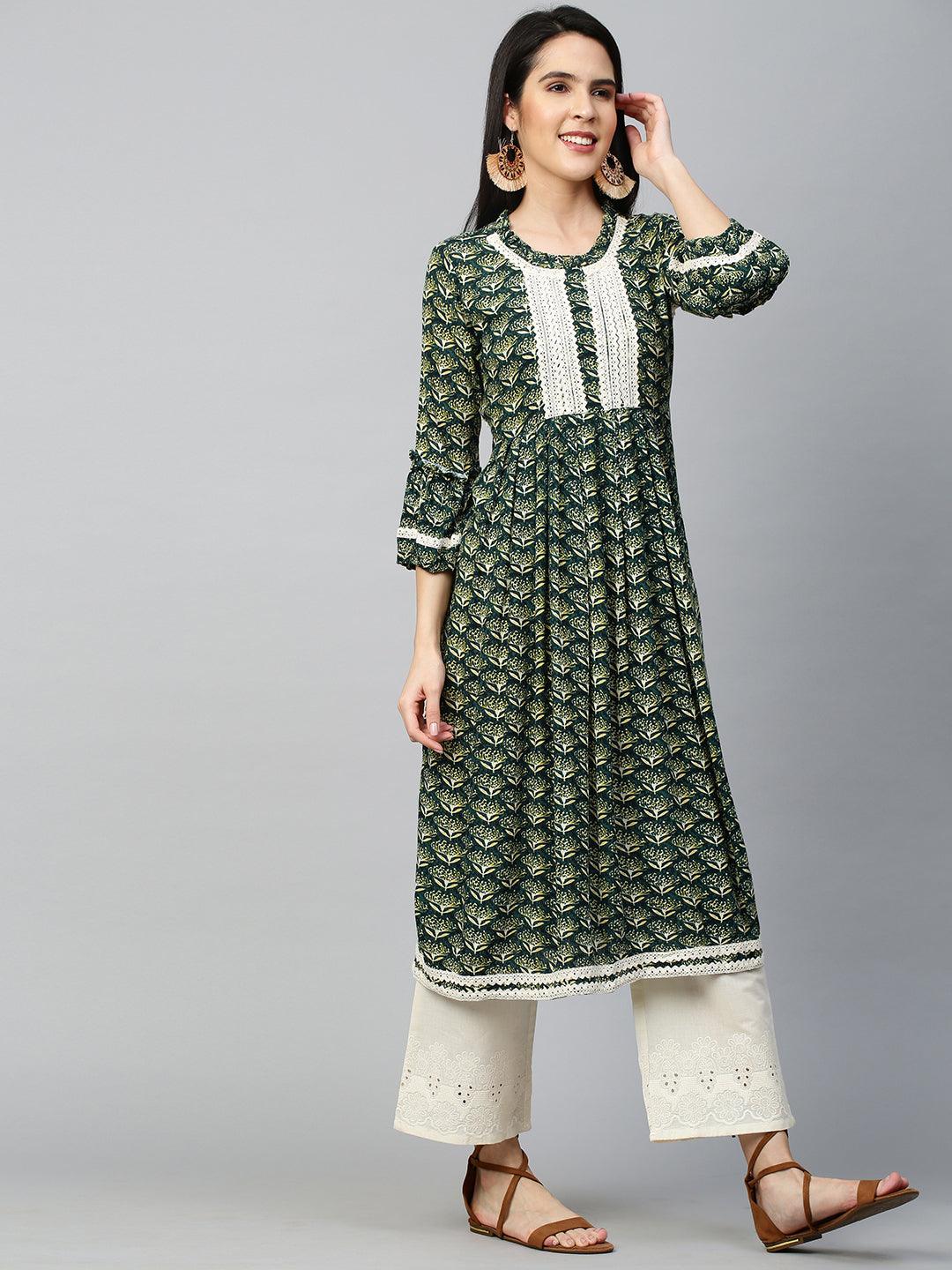 Ethnic Floral Printed Crochet Kurta - Dark Green - Indiakreations