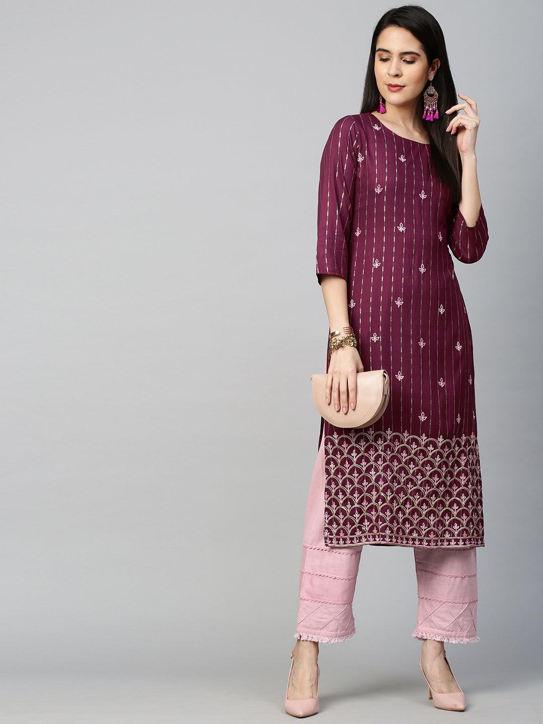 Ethnic Printed & Embroidered Kurta - Wine - Indiakreations