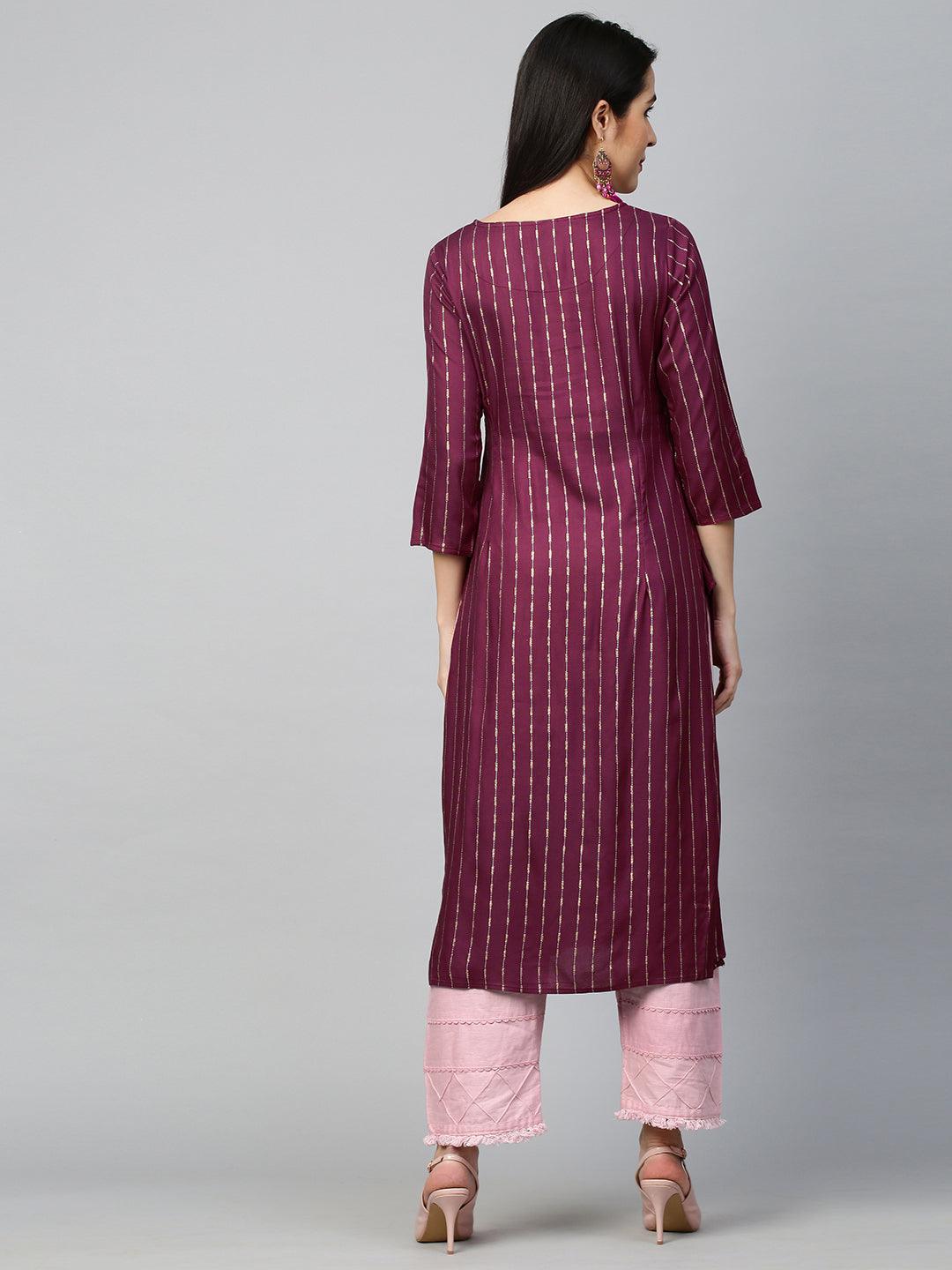 Ethnic Printed & Embroidered Kurta - Wine - Indiakreations