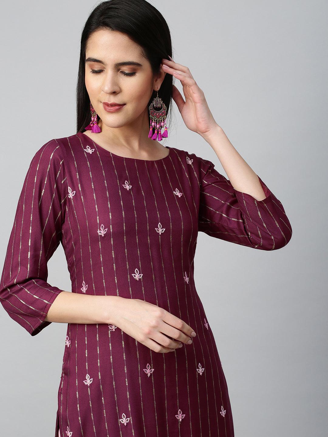 Ethnic Printed & Embroidered Kurta - Wine - Indiakreations