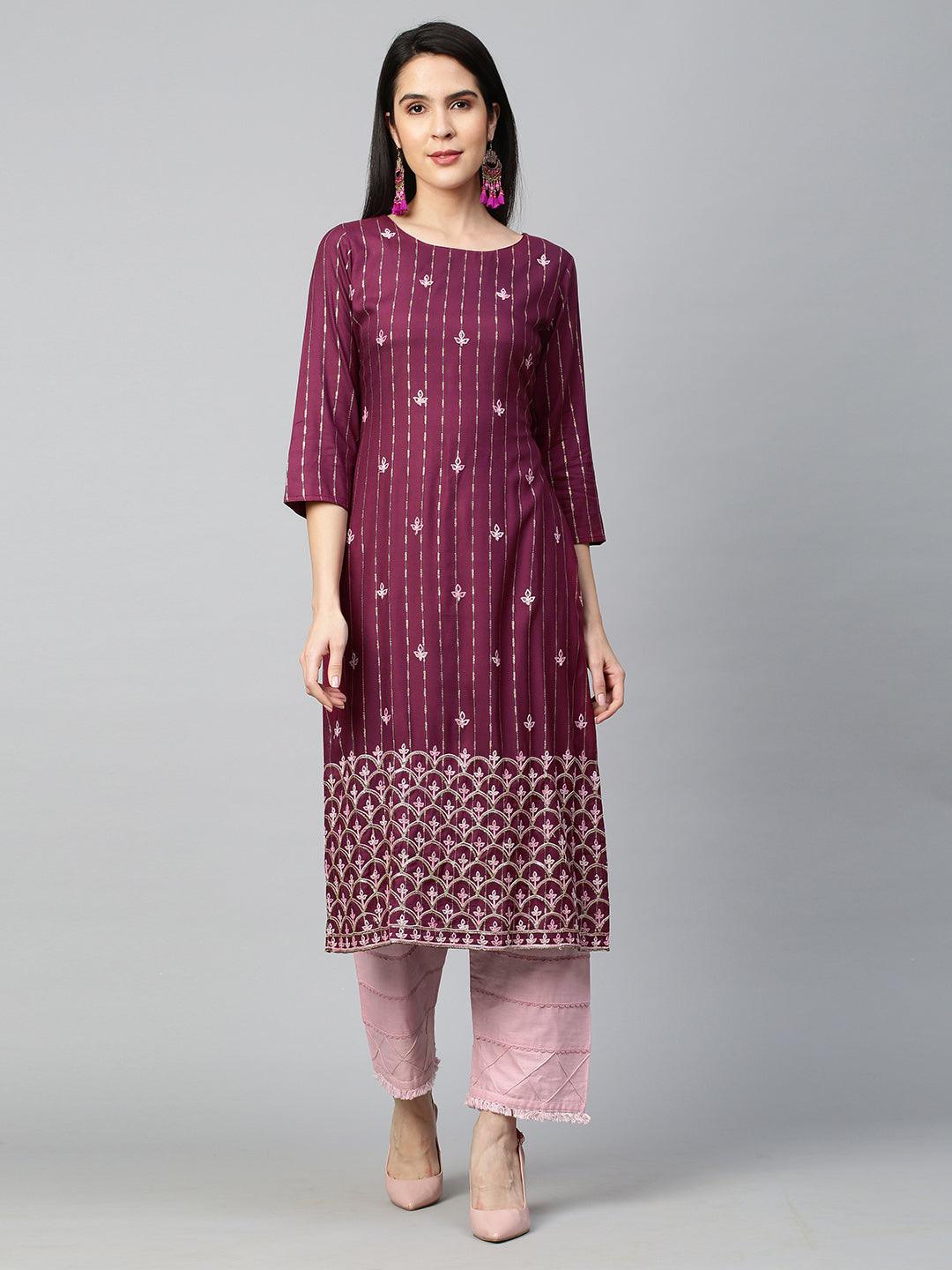 Ethnic Printed & Embroidered Kurta - Wine - Indiakreations