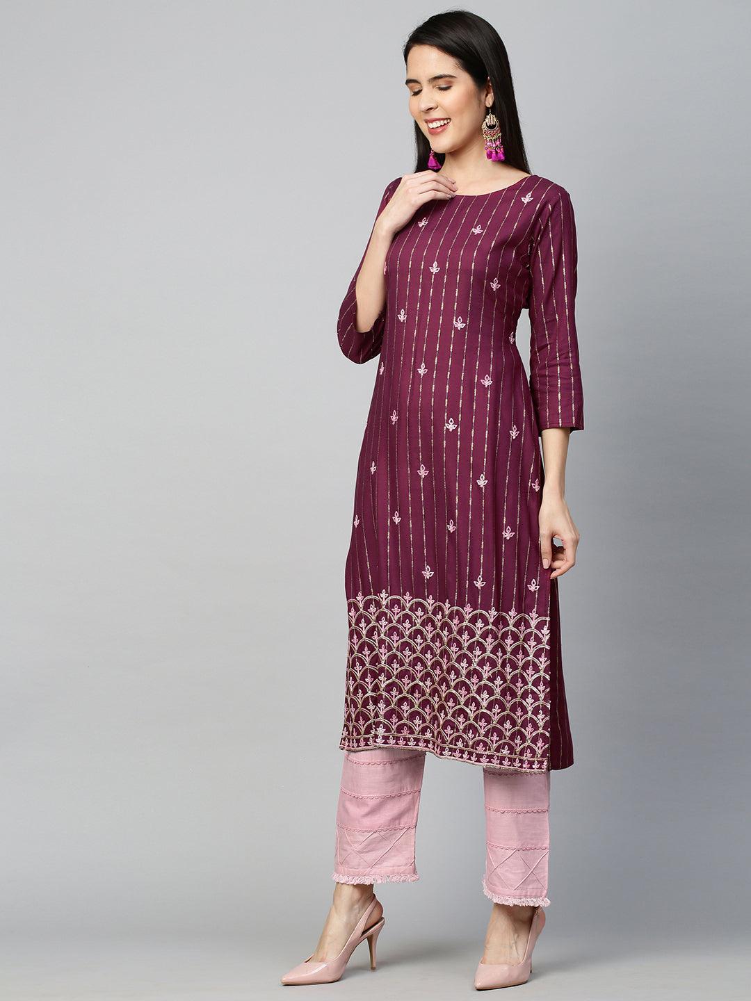 Ethnic Printed & Embroidered Kurta - Wine - Indiakreations