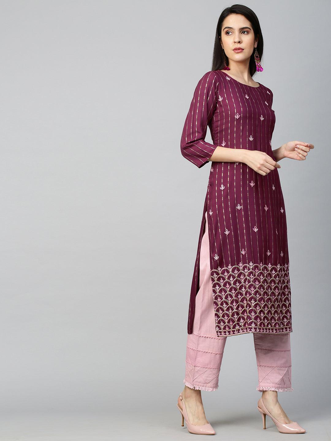 Ethnic Printed & Embroidered Kurta - Wine - Indiakreations