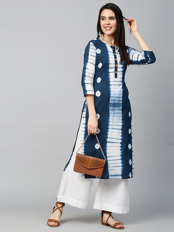 Tie Dye Printed Straight Kurta - Indigo Blue - Indiakreations