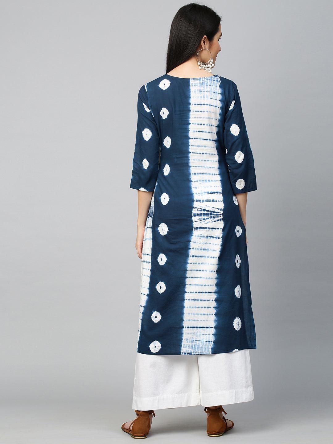 Tie Dye Printed Straight Kurta - Indigo Blue - Indiakreations