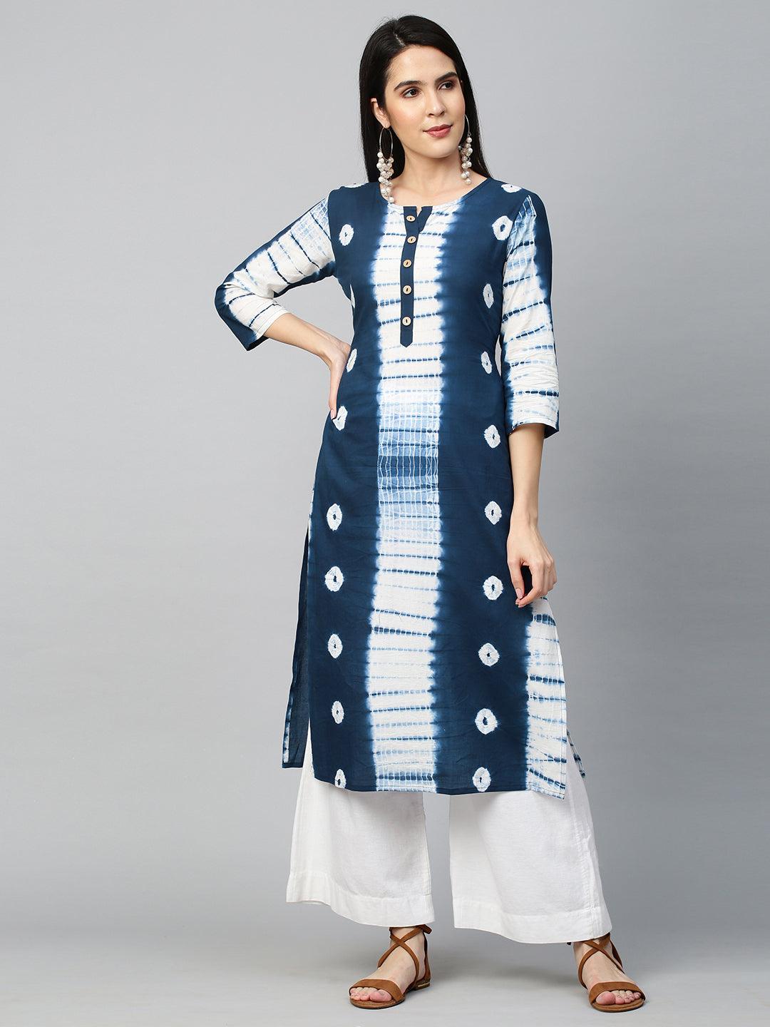 Tie Dye Printed Straight Kurta - Indigo Blue - Indiakreations