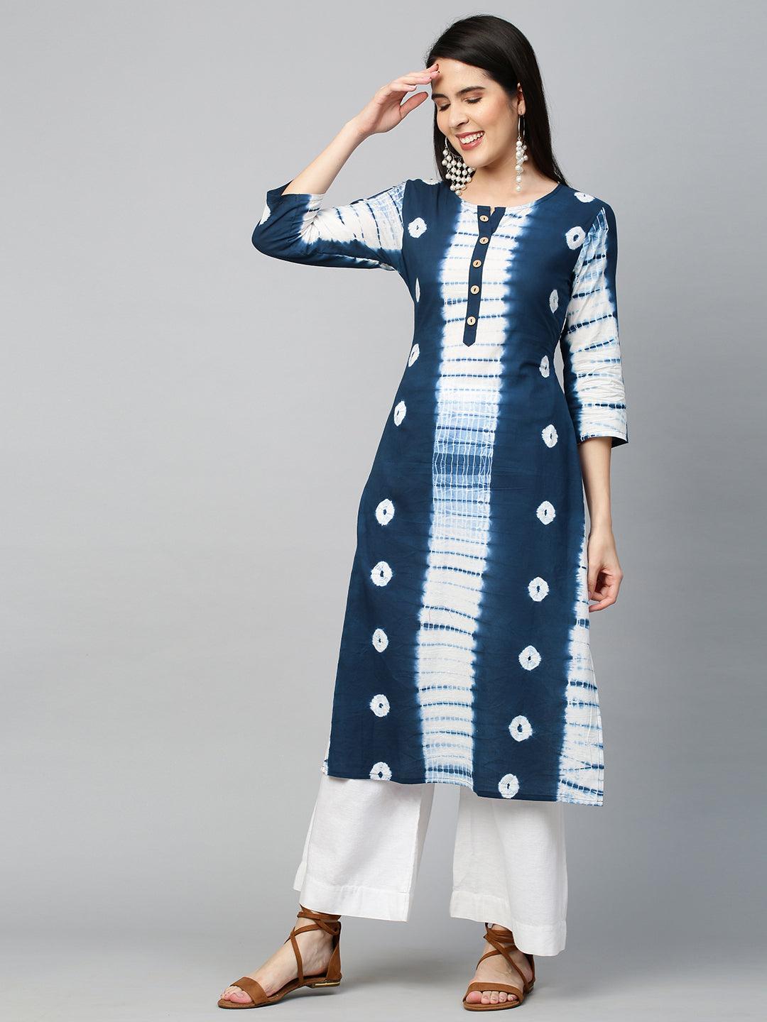 Tie Dye Printed Straight Kurta - Indigo Blue - Indiakreations