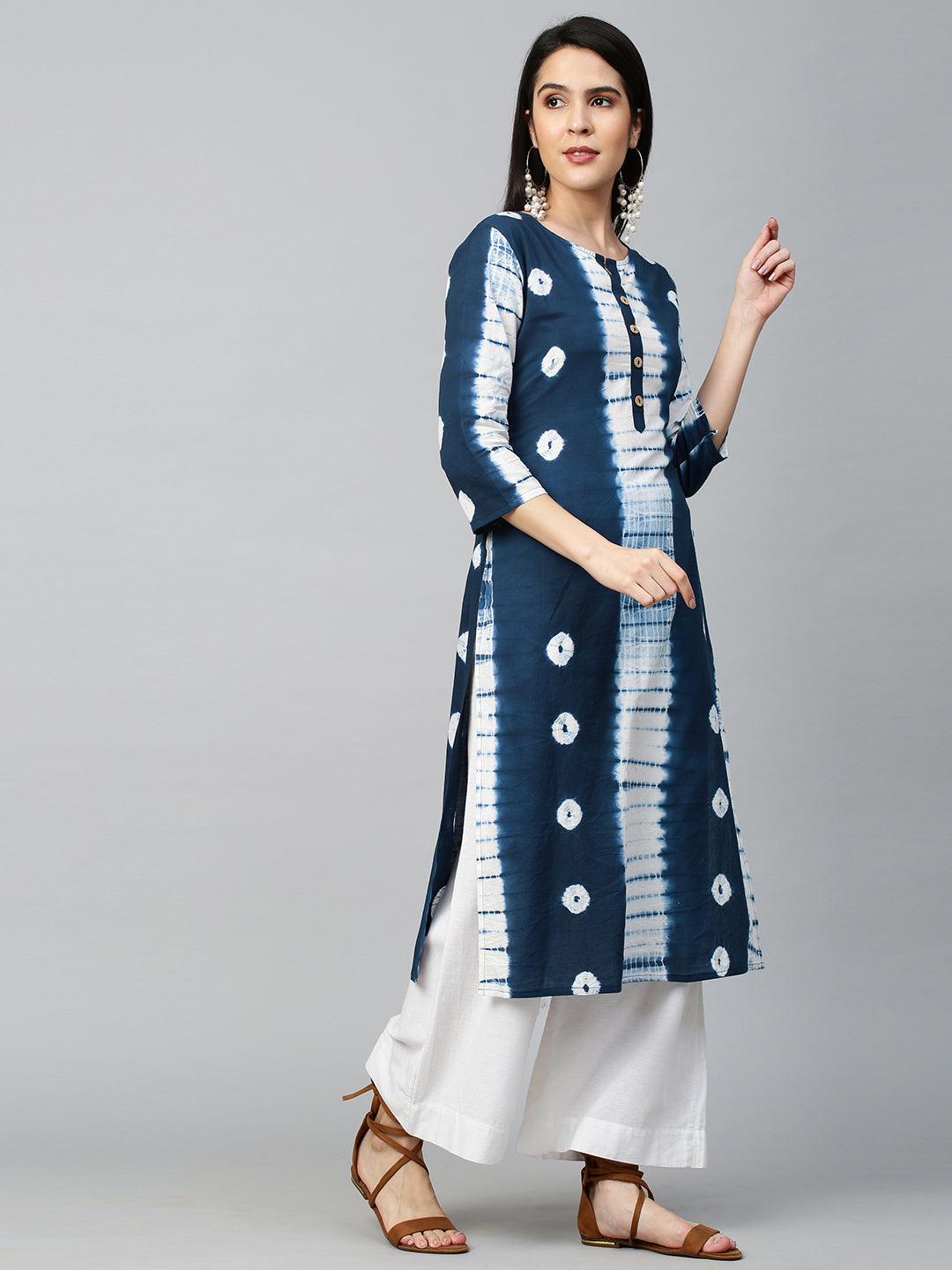 Tie Dye Printed Straight Kurta - Indigo Blue - Indiakreations