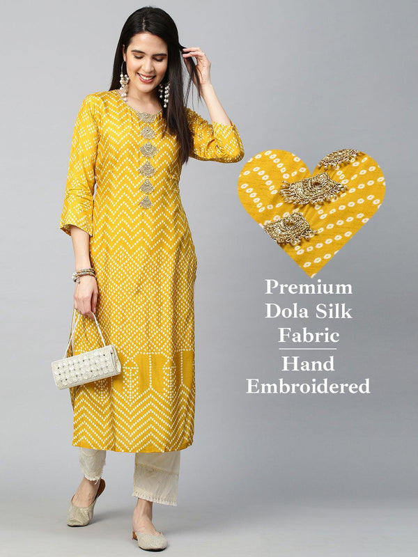 Bandhej & Embroidered Straight Kurta - Mustard - Indiakreations