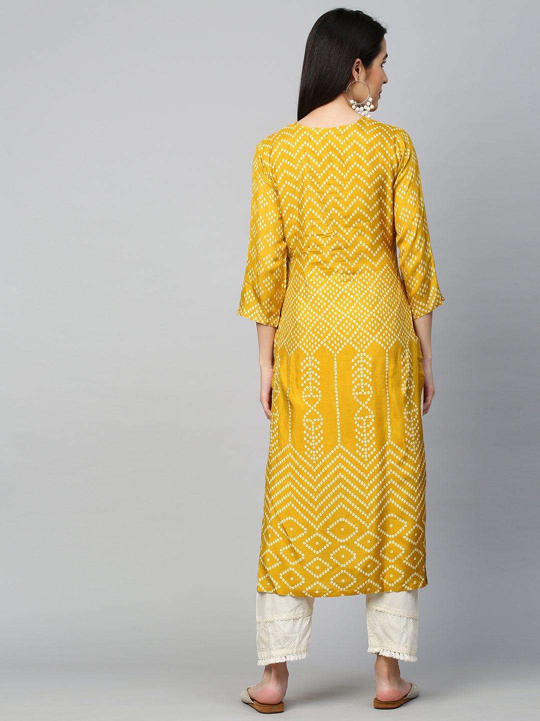 Bandhej & Embroidered Straight Kurta - Mustard - Indiakreations