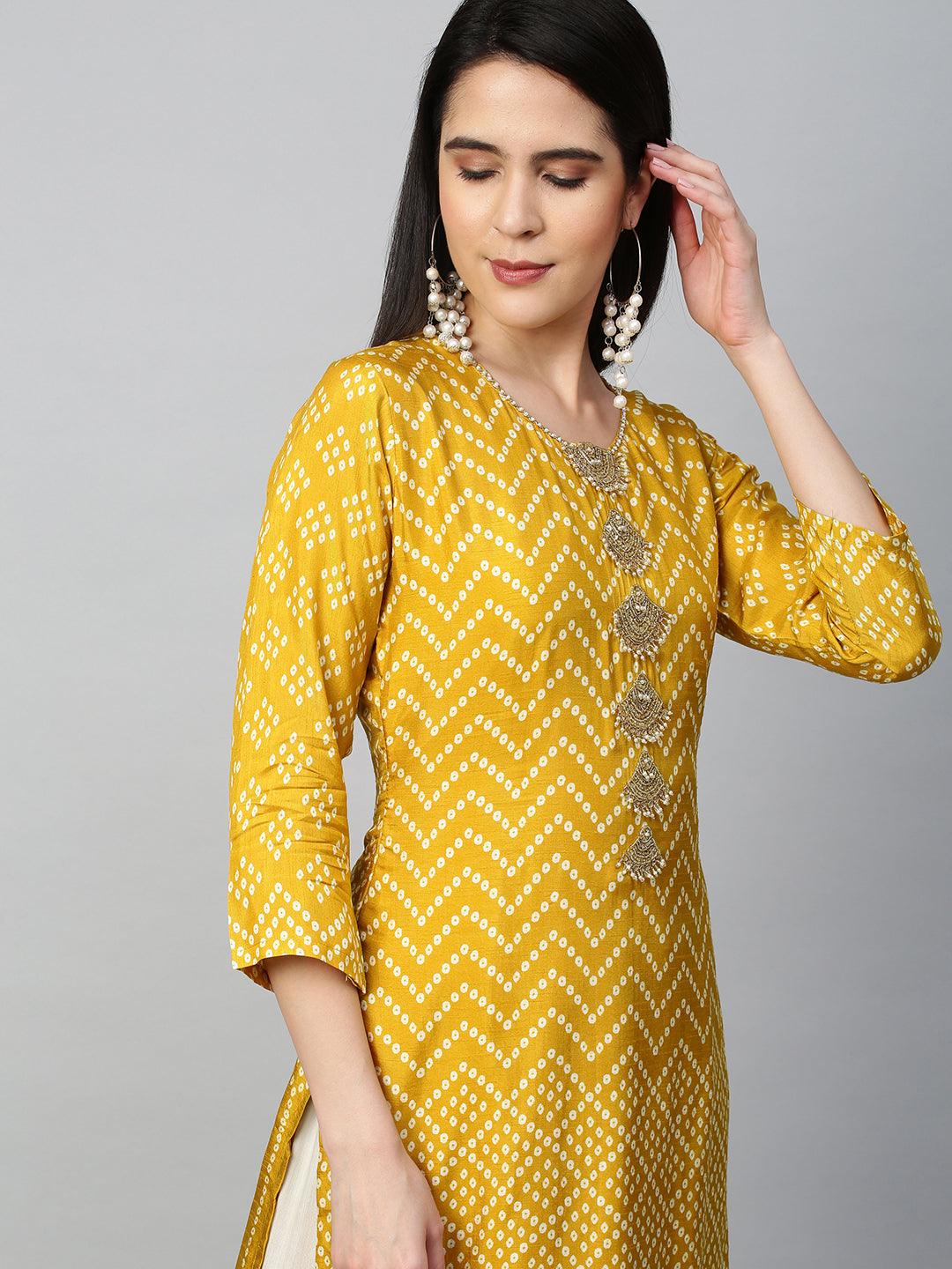 Bandhej & Embroidered Straight Kurta - Mustard - Indiakreations