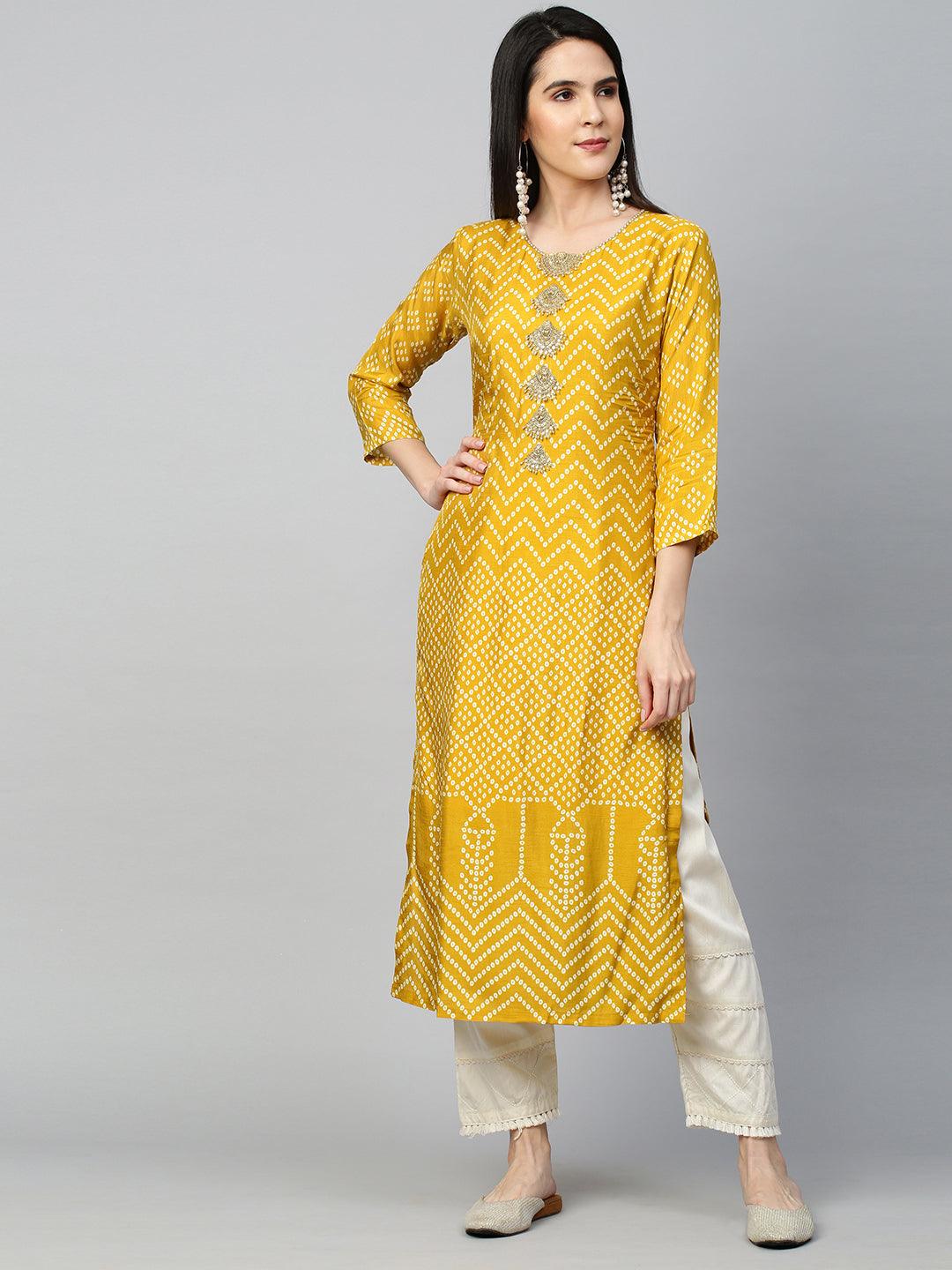 Bandhej & Embroidered Straight Kurta - Mustard - Indiakreations