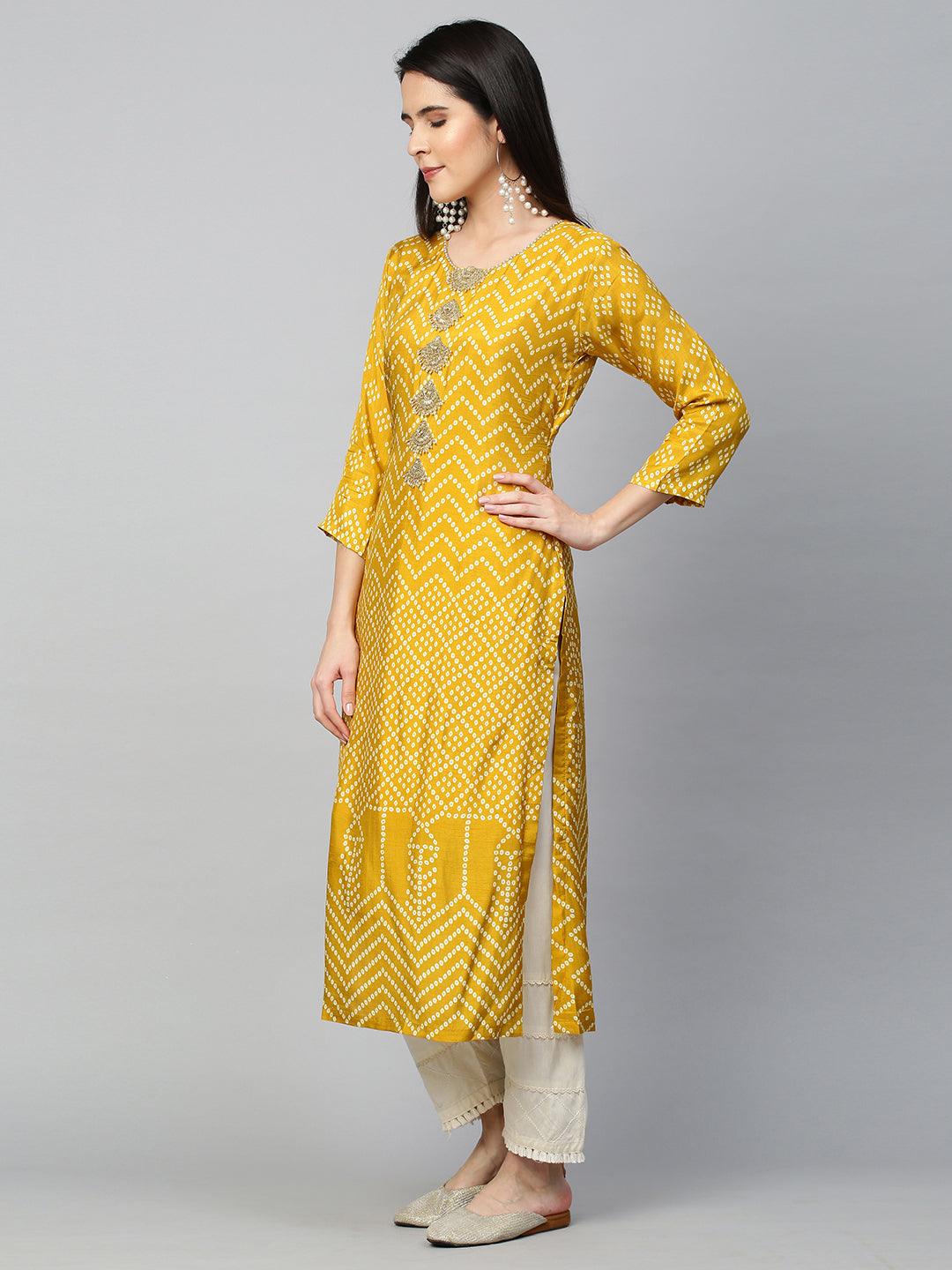 Bandhej & Embroidered Straight Kurta - Mustard - Indiakreations