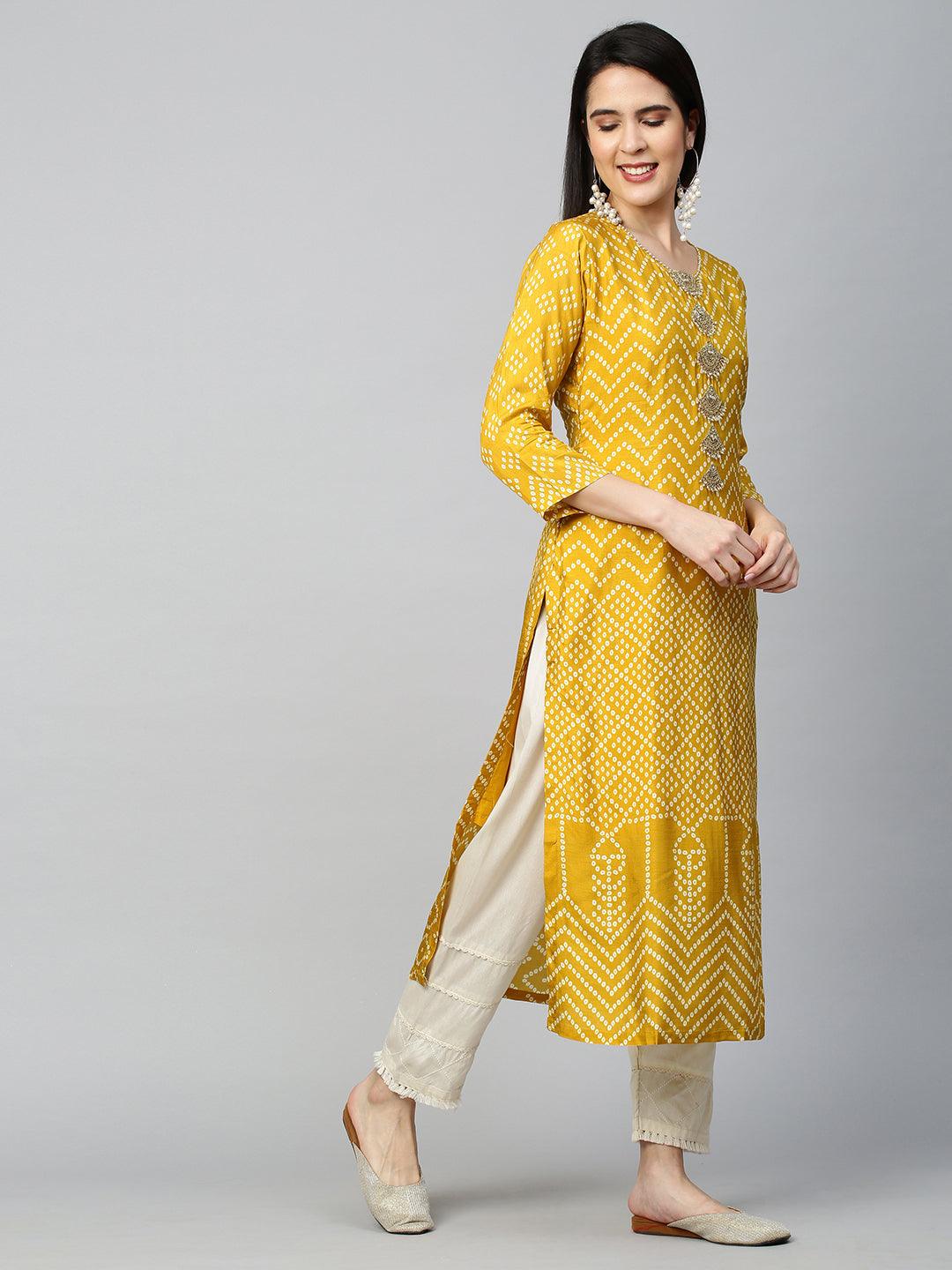 Bandhej & Embroidered Straight Kurta - Mustard - Indiakreations