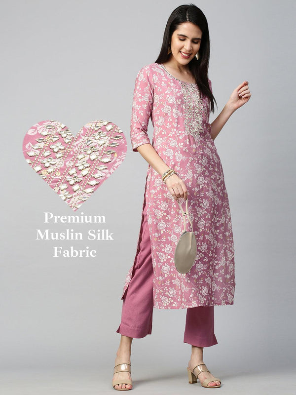 Floral Jaal Printed Kurta & Pant - Fawn Pink - Indiakreations