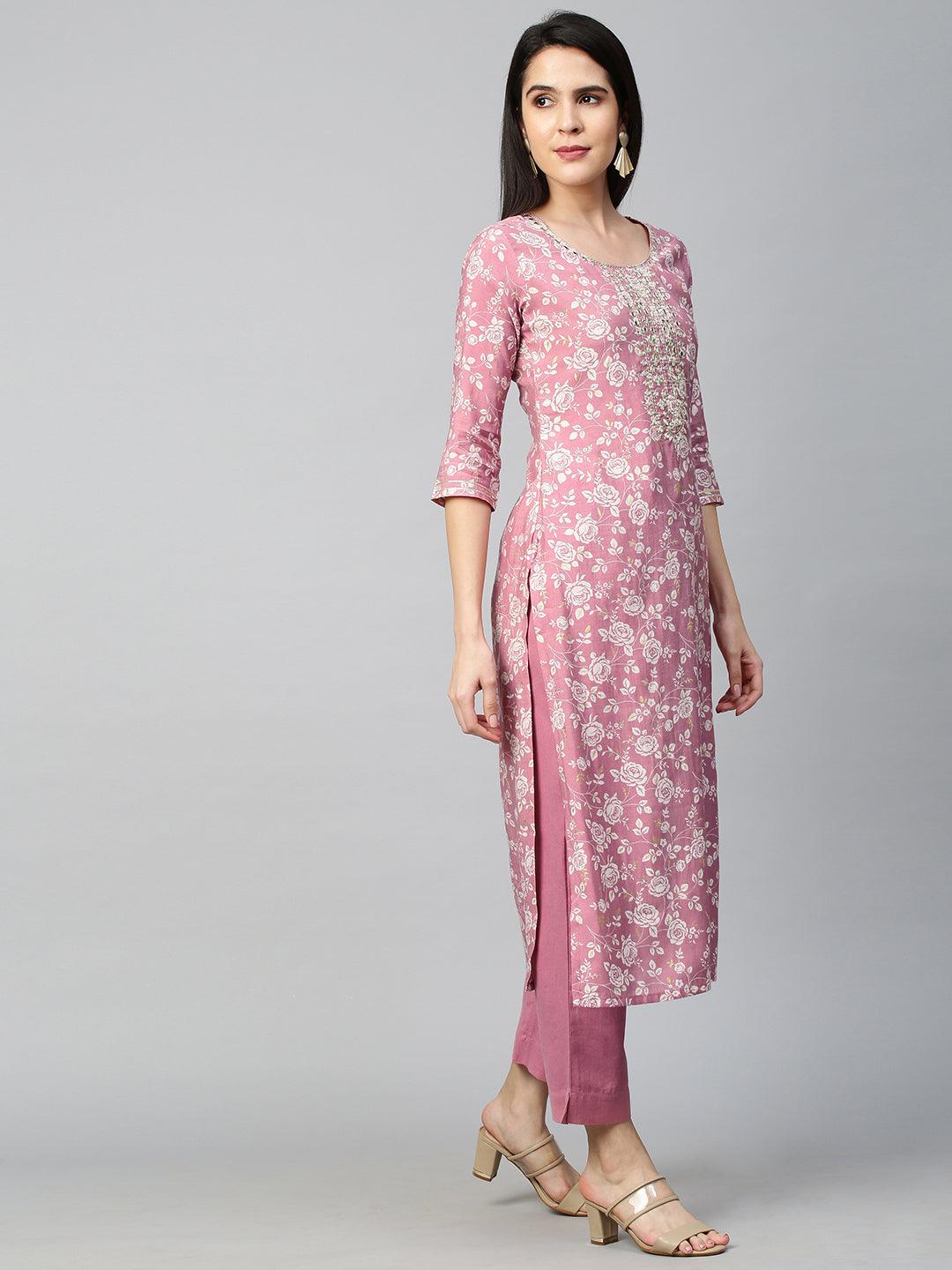 Floral Jaal Printed Kurta & Pant - Fawn Pink - Indiakreations