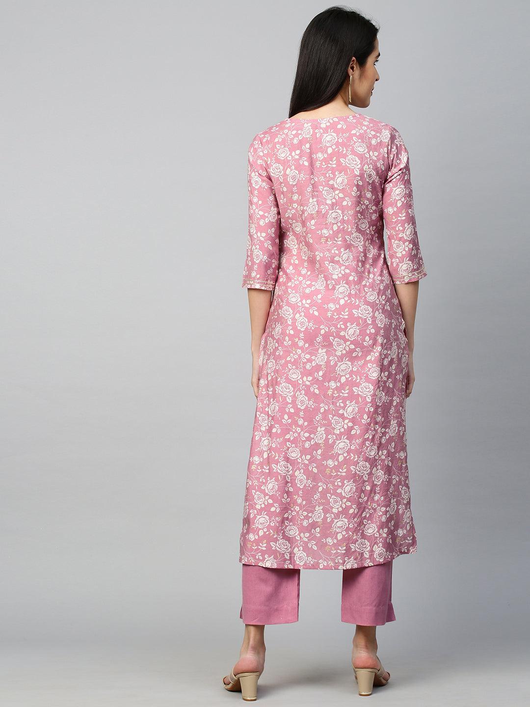 Floral Jaal Printed Kurta & Pant - Fawn Pink - Indiakreations