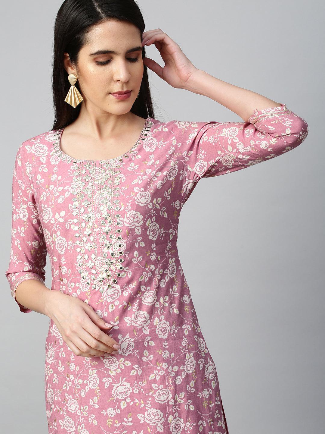 Floral Jaal Printed Kurta & Pant - Fawn Pink - Indiakreations