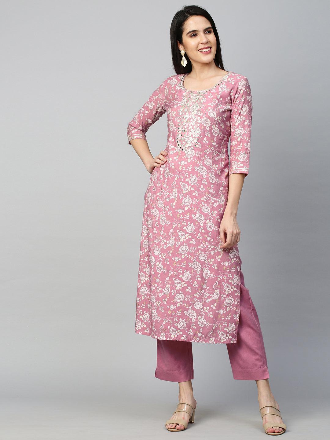 Floral Jaal Printed Kurta & Pant - Fawn Pink - Indiakreations