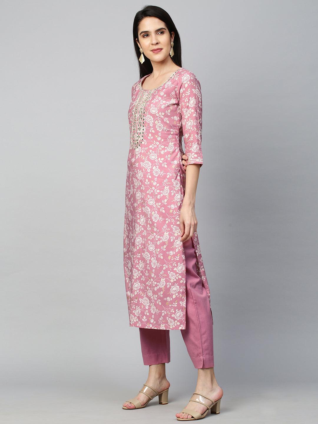 Floral Jaal Printed Kurta & Pant - Fawn Pink - Indiakreations