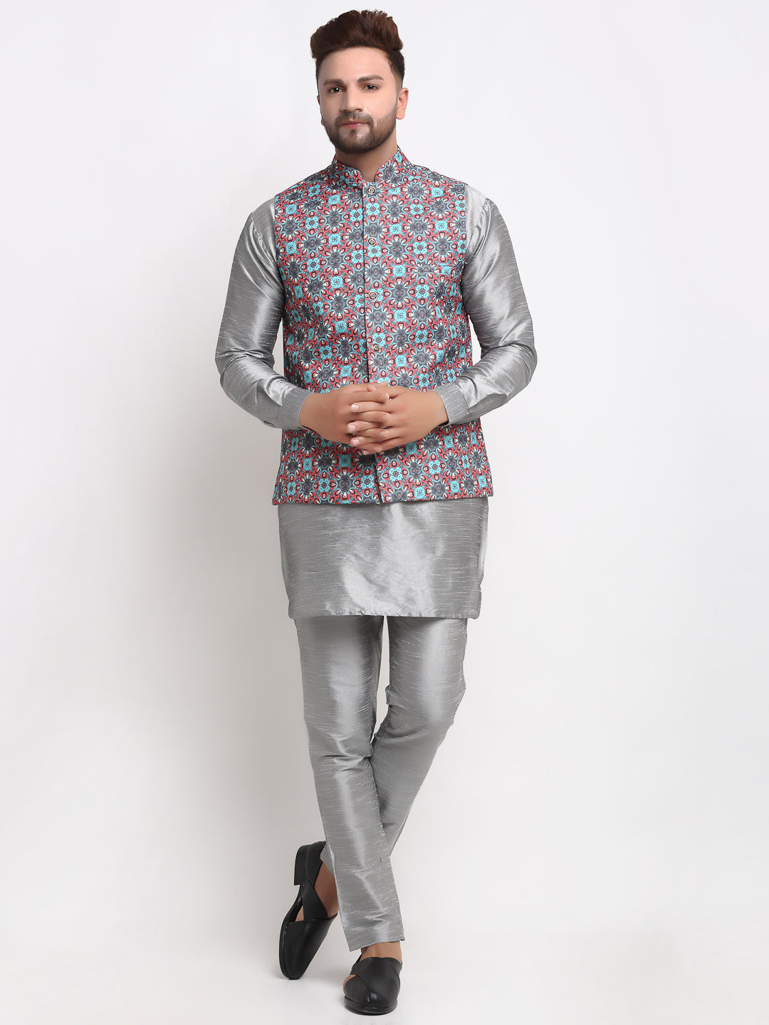 Men's Silk Blend Grey Kurta With Pyjama & Sky Blue Printed Nehru Jacket - Benstoke