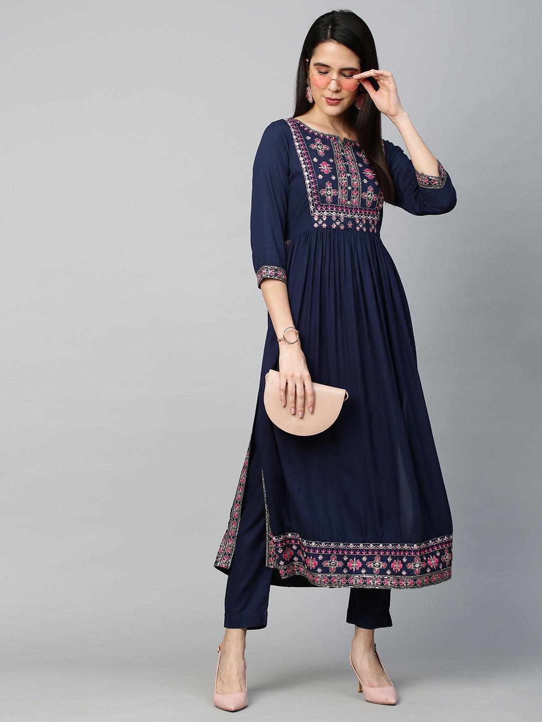 Ethnic Embroidered Kurta with Pant - Navy Blue - Indiakreations