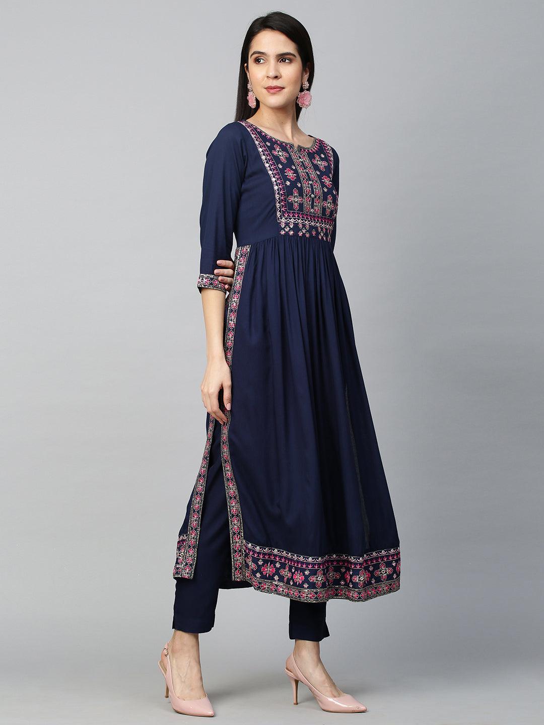 Ethnic Embroidered Kurta with Pant - Navy Blue - Indiakreations