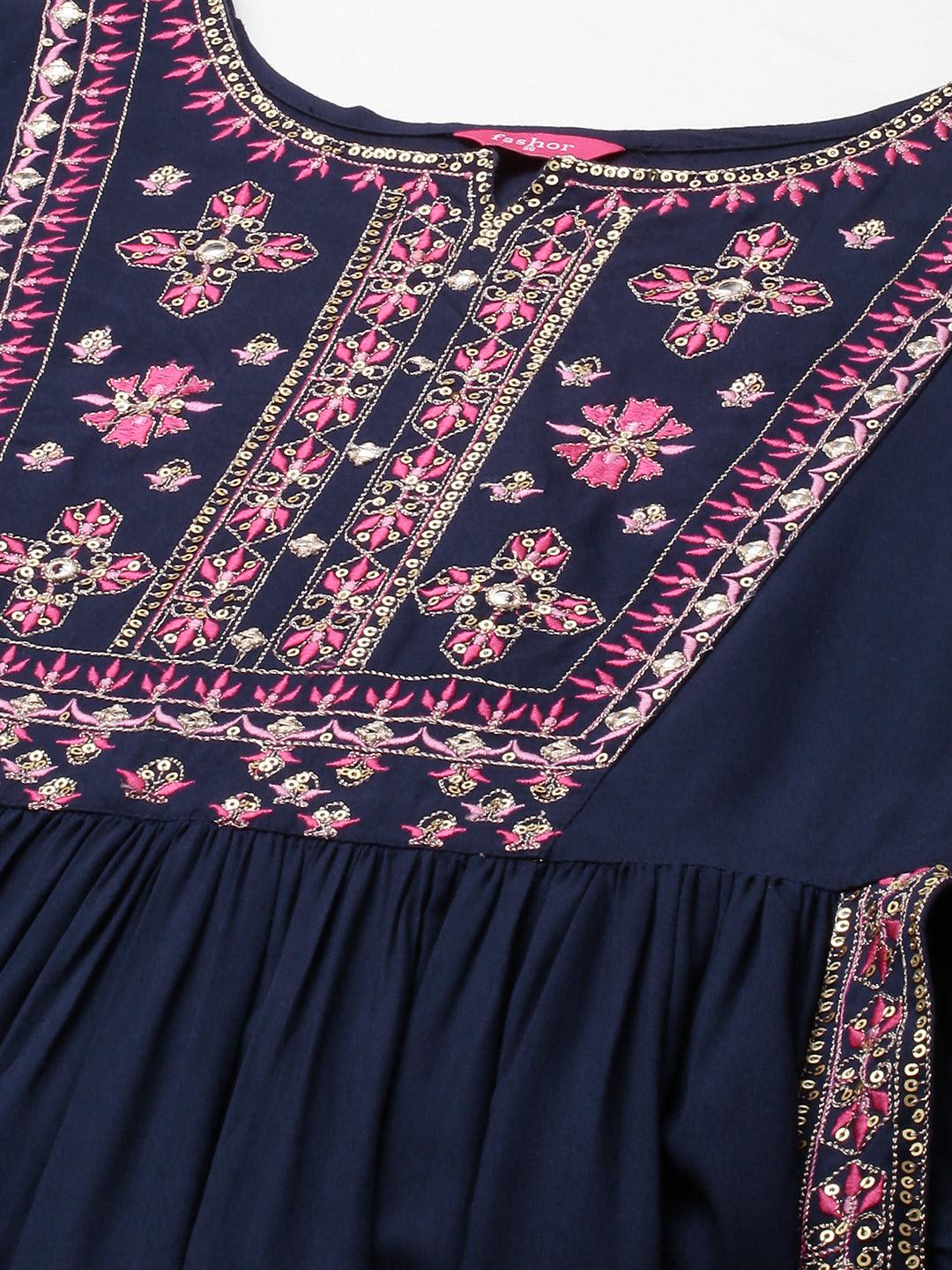 Ethnic Embroidered Kurta with Pant - Navy Blue - Indiakreations