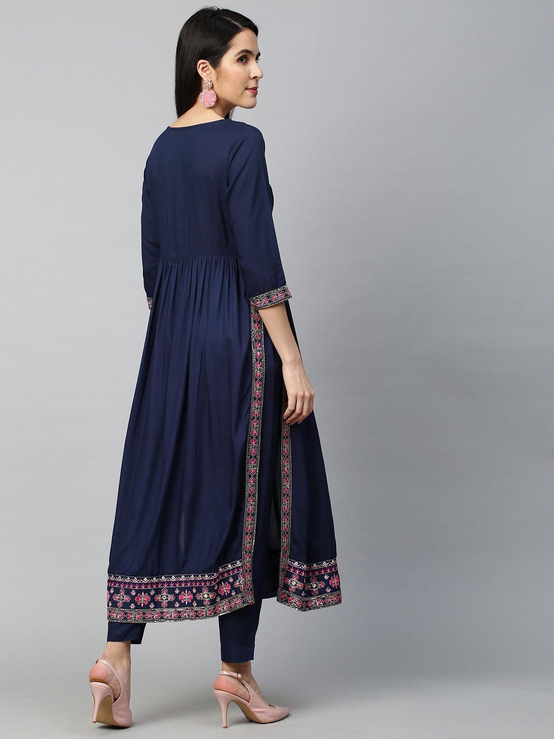 Ethnic Embroidered Kurta with Pant - Navy Blue - Indiakreations